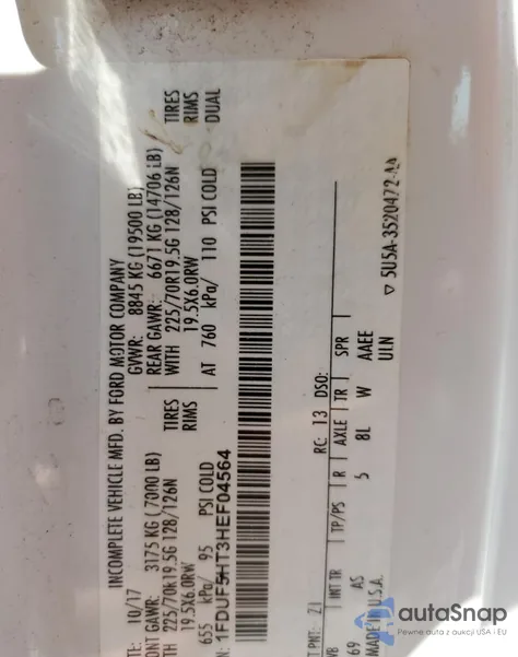 2017 Ford F550 Super Duty from USA, damaged, VIN 1FDUF5HT3HEF04564